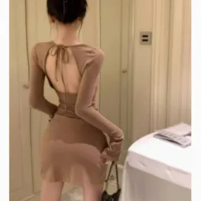 2024 Fall and Summer New Korean and European-American Style Sexy Backless Bell Sleeve Bodycon Mini Dress for Women