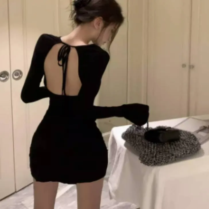 2024 Fall and Summer New Korean and European-American Style Sexy Backless Bell Sleeve Bodycon Mini Dress for Women