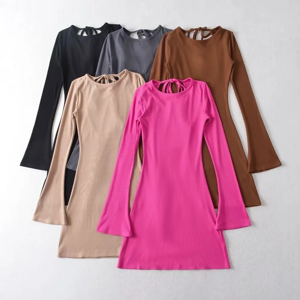 2024 Fall and Summer New Korean and European-American Style Sexy Backless Bell Sleeve Bodycon Mini Dress for Women