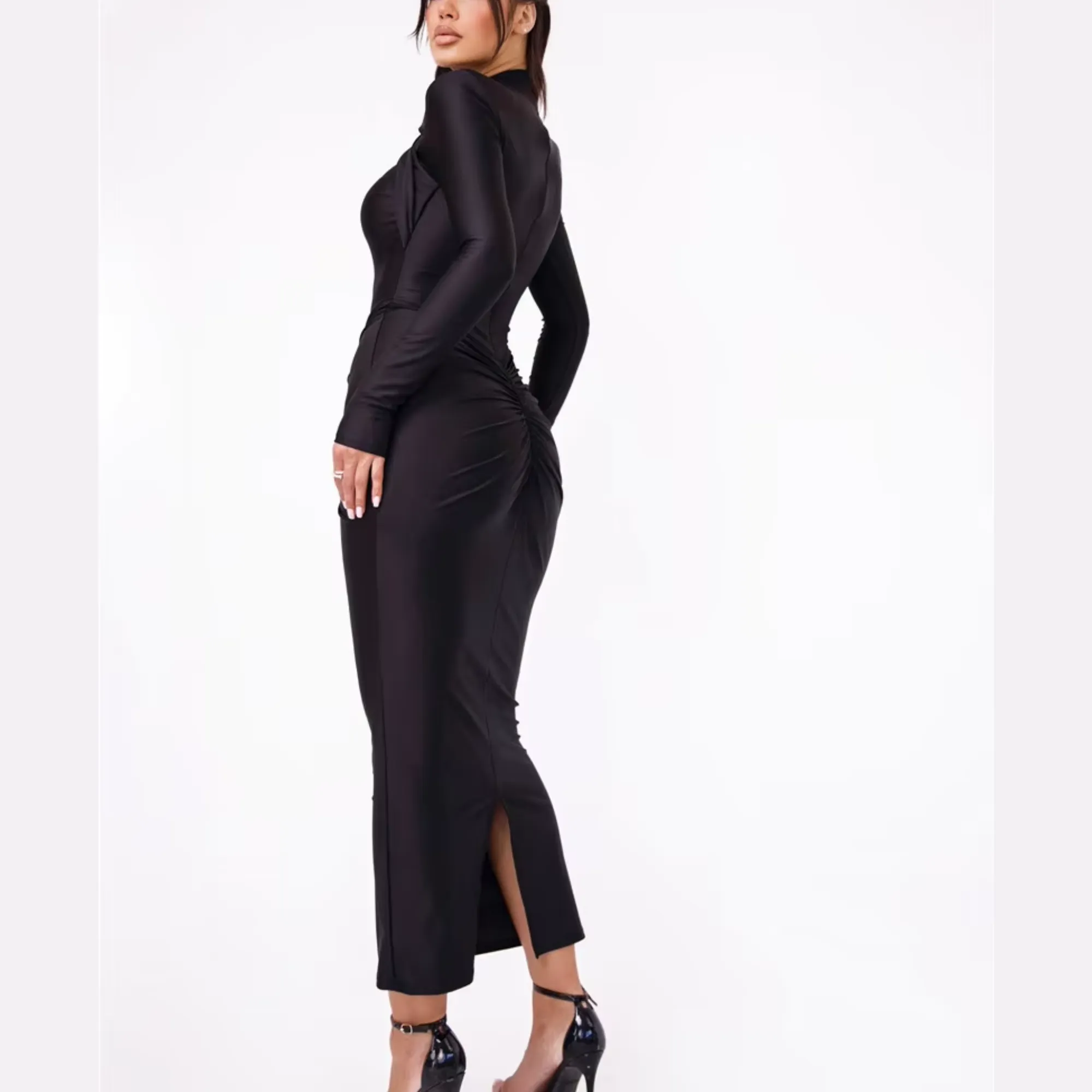 Agnola - Black Cutout Ruched Maxi Bodycon Dress