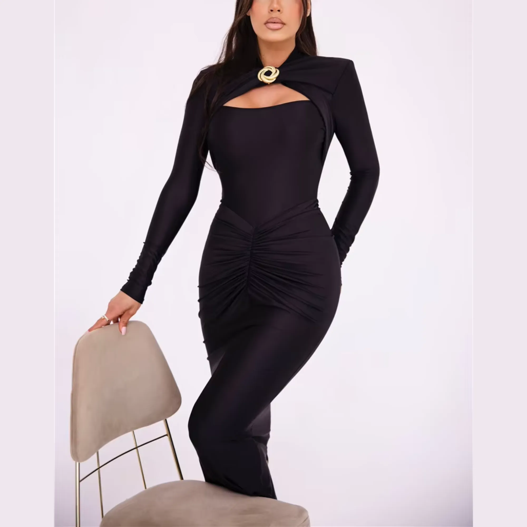Agnola - Black Cutout Ruched Maxi Bodycon Dress