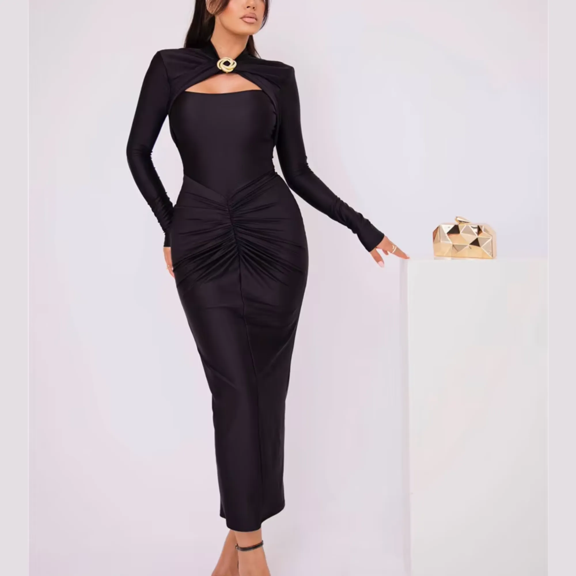 Agnola - Black Cutout Ruched Maxi Bodycon Dress