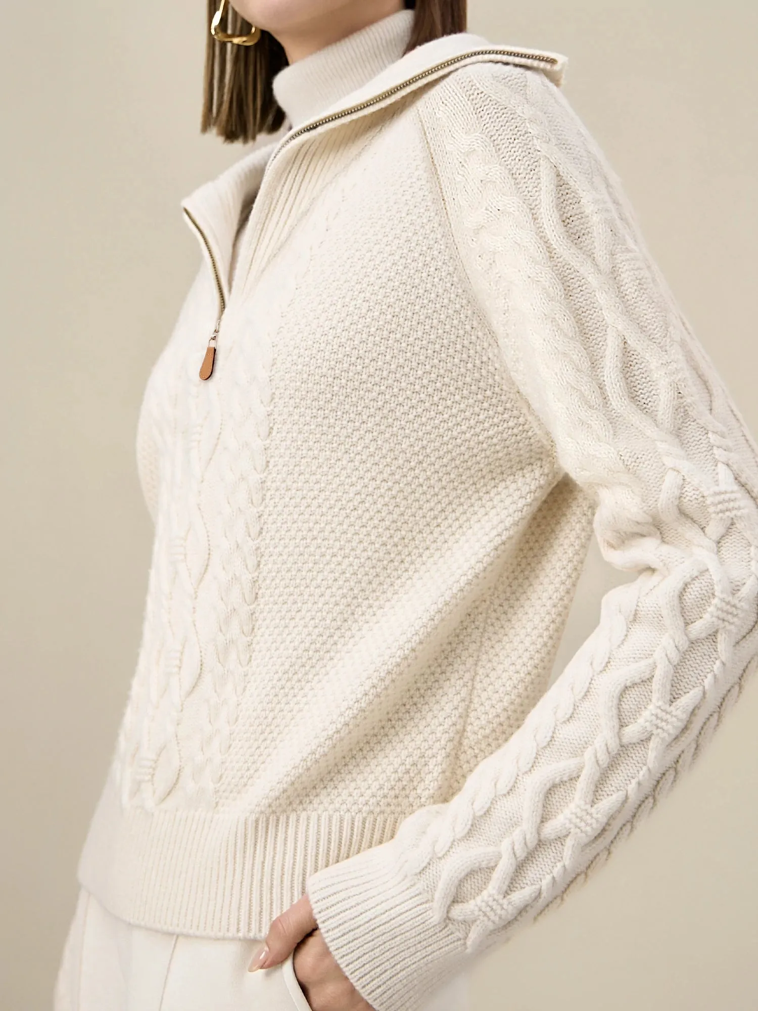 Amoretu Women's 100% Wool Stand Collar Cable Knit Sweater