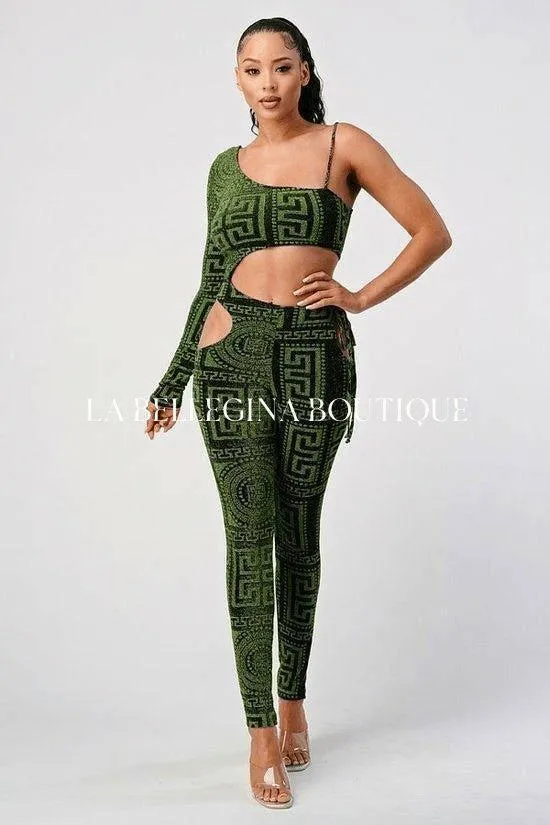 Angel metallic knit one shoulder cut out Jumpsuit.FINAL SALE