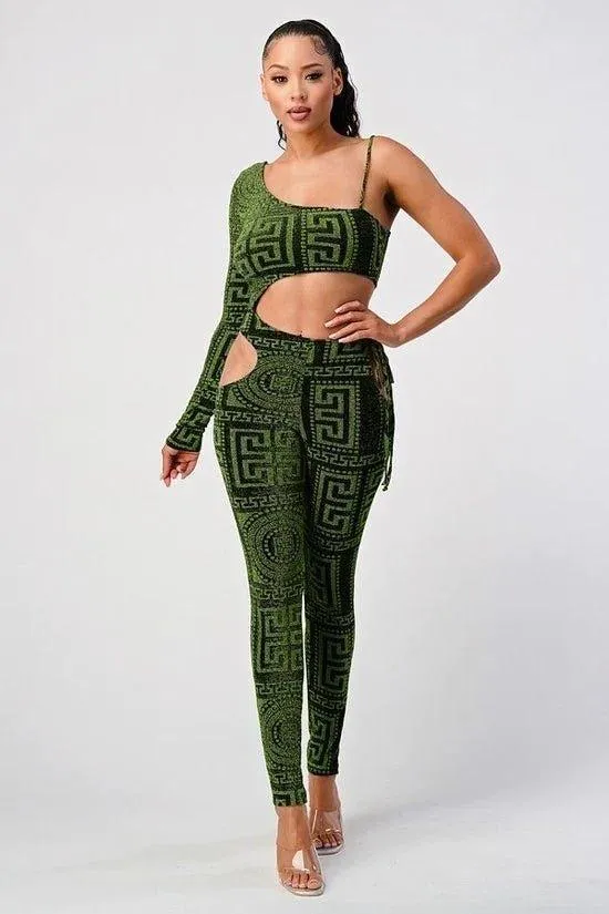 Angel metallic knit one shoulder cut out Jumpsuit.FINAL SALE