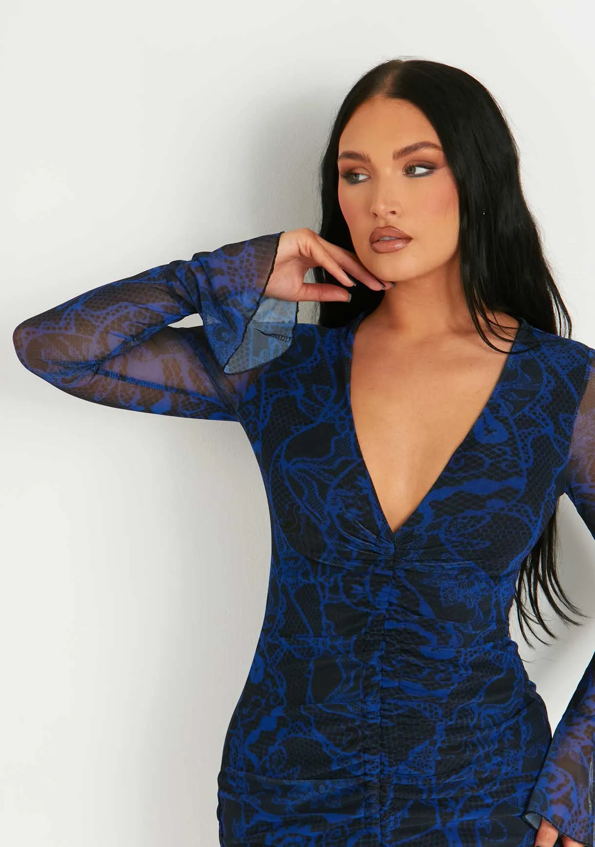 Aniyah Blue Mesh Long Flared Sleeve Front Ruched Mini Dress