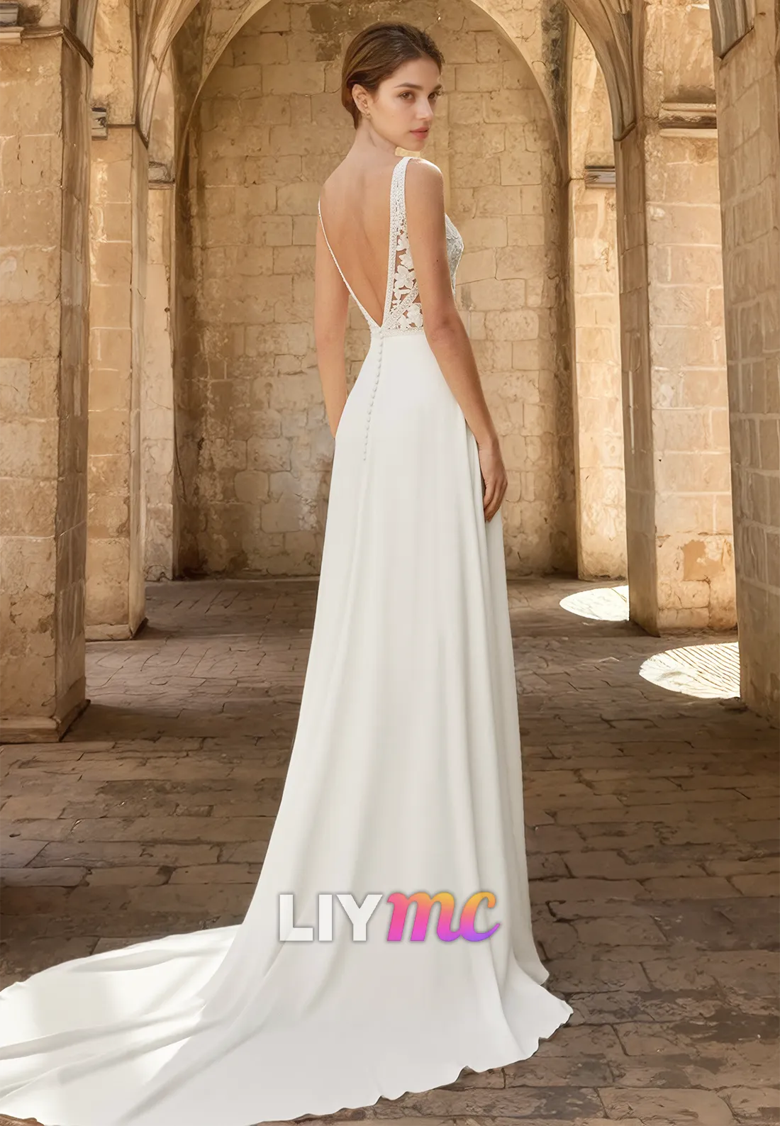 Bateau Sleeveless Lace Appliques Backless A-Line Wedding Dress