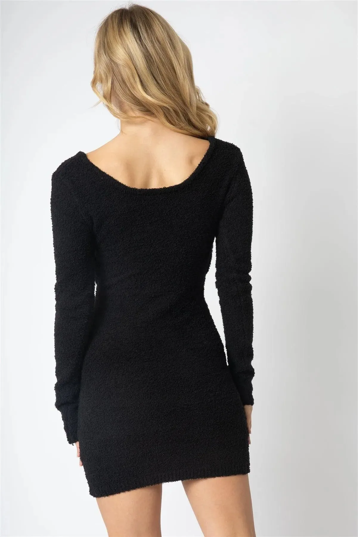 Black Fluffy Bow Cut-Out Detail Long Sleeve Mini Dress /2-2-1