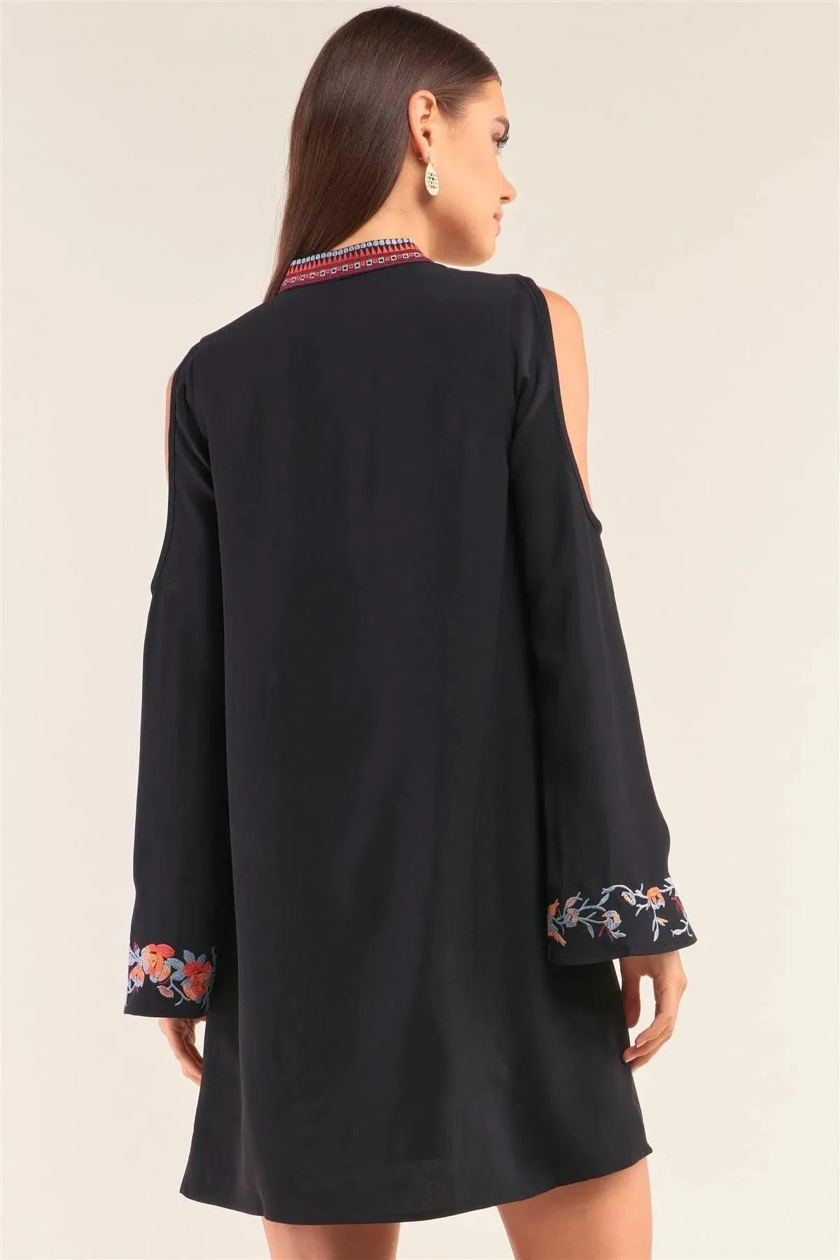 Black Slavic Floral Mix Embroidery Collared V-Neck Cut-Out Shoulder Detail Long Trumpet Sleeve Mini Dress /1-3-1