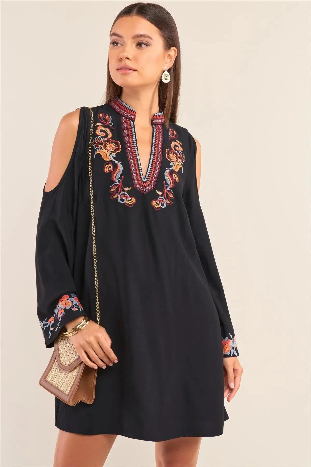 Black Slavic Floral Mix Embroidery Collared V-Neck Cut-Out Shoulder Detail Long Trumpet Sleeve Mini Dress /1-3-1