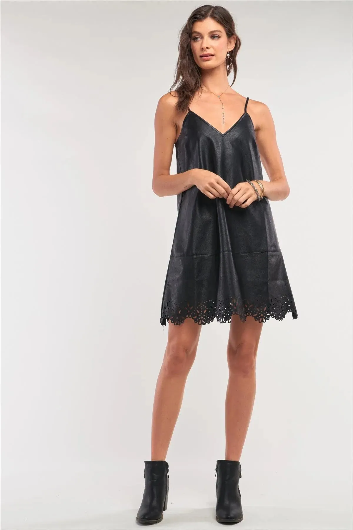 Black Vegan Leather V-Neck Stitch Detail Laser Cut Out Flounce Mini Dress /1-2-2-1