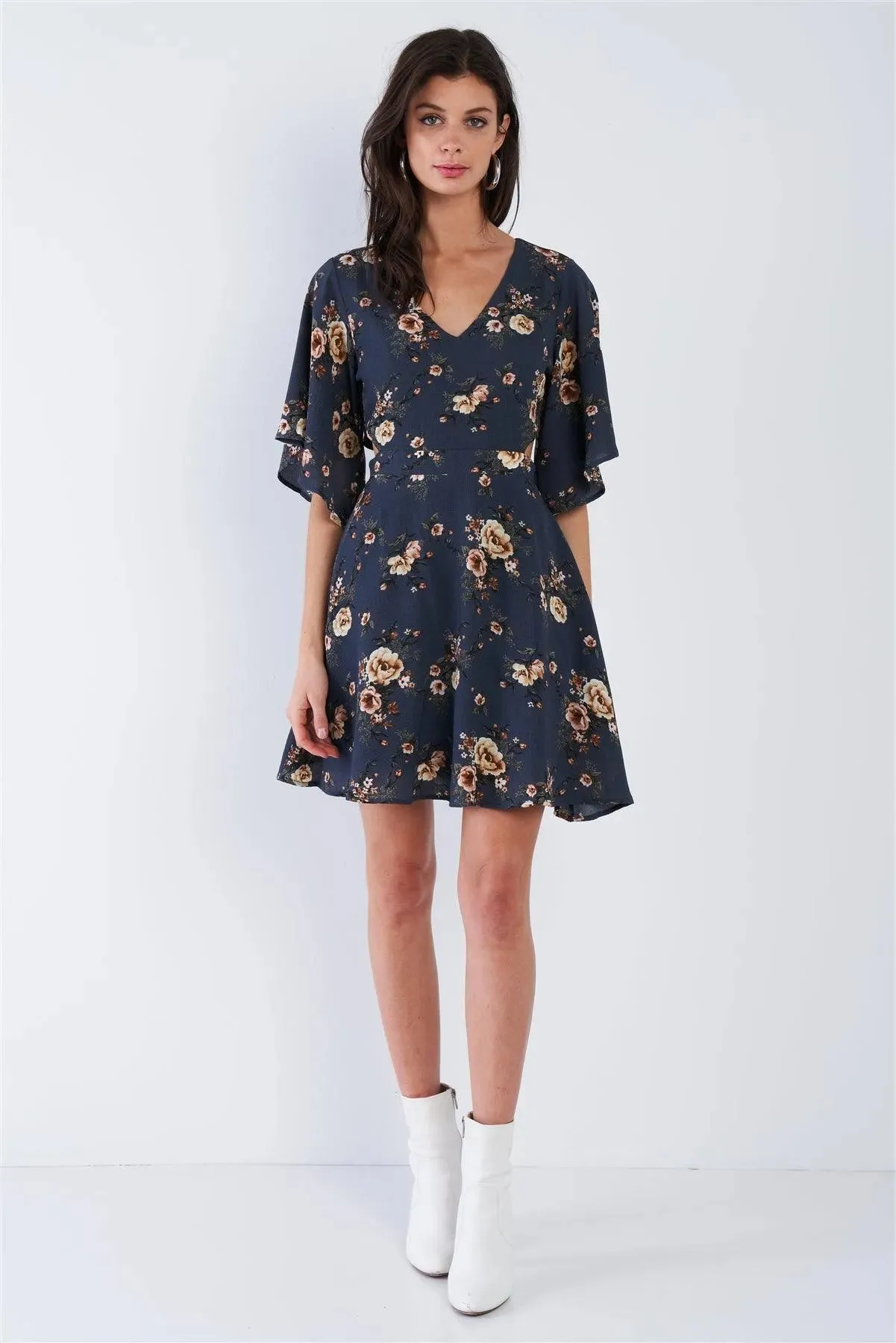 Blue Side Cut Out Multi Floral Print Kimono Sleeve Mini  Dress  /1-2-1