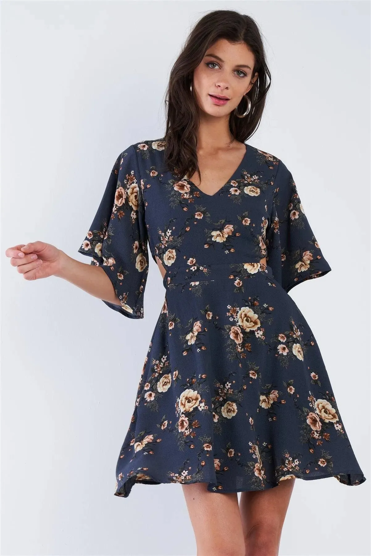 Blue Side Cut Out Multi Floral Print Kimono Sleeve Mini  Dress  /1-2-1