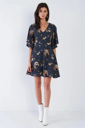 Blue Side Cut Out Multi Floral Print Kimono Sleeve Mini  Dress  /1-2-1