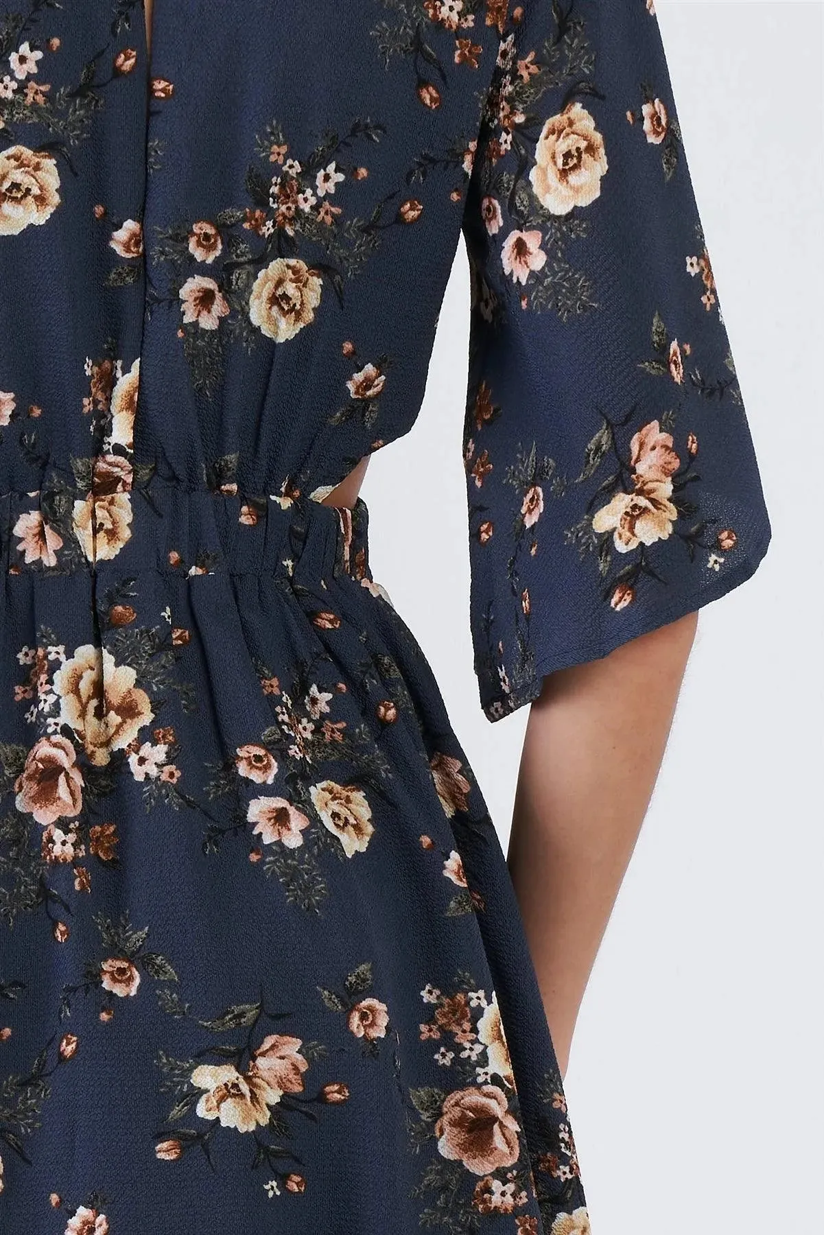 Blue Side Cut Out Multi Floral Print Kimono Sleeve Mini  Dress  /1-2-1