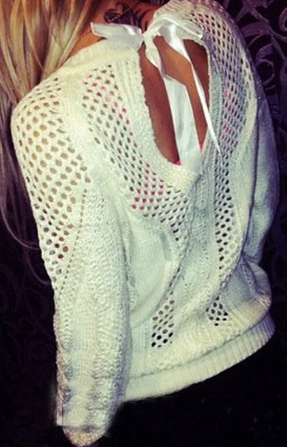 Bow Tie Hollow Cable Pullover Pure Knit Sweater