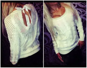 Bow Tie Hollow Cable Pullover Pure Knit Sweater