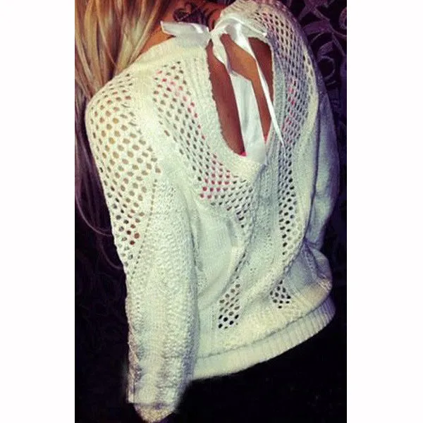 Bow Tie Hollow Cable Pullover Pure Knit Sweater
