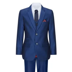 Boys 3 Piece Shiny Blue Wedding Party Suit Tailored Fit Smart Formal