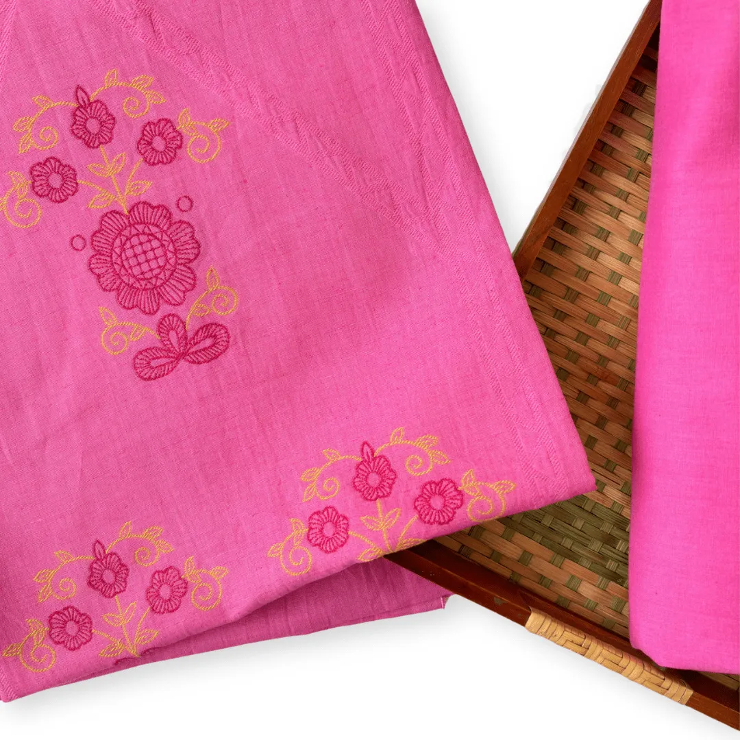 Bright Pink Artful Flowers Woven Pure Linen Kurta Fabric (2.5 Meters) | and Cotton Pyjama (2.5 Meters) | Unstitched Combo Set