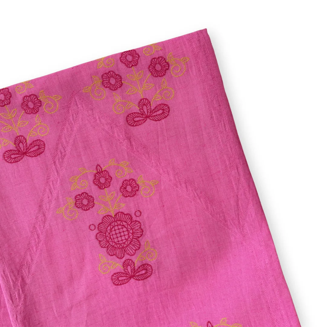 Bright Pink Artful Flowers Woven Pure Linen Kurta Fabric (2.5 Meters) | and Cotton Pyjama (2.5 Meters) | Unstitched Combo Set
