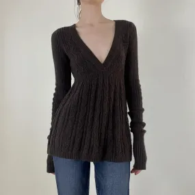 Brown Deep V-Neck Cable Knit Sweater