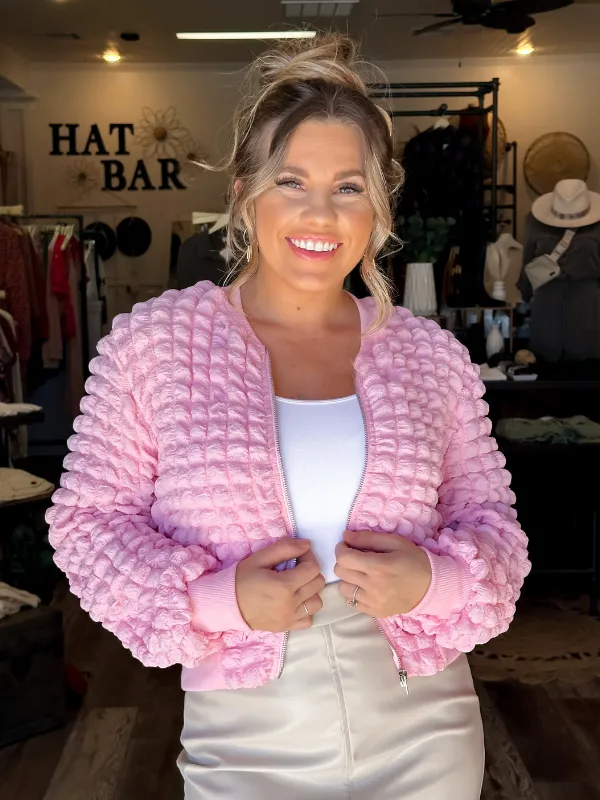 Bubble Textured Zip-Up Bomber Jacket
