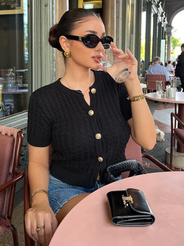 Cable-Knit Button-Up Topper for a Retro-Chic Look