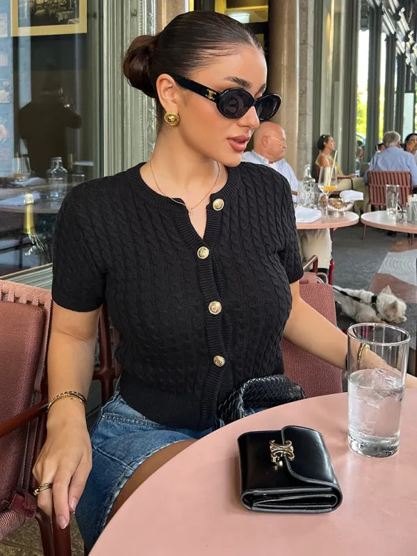 Cable-Knit Button-Up Topper for a Retro-Chic Look