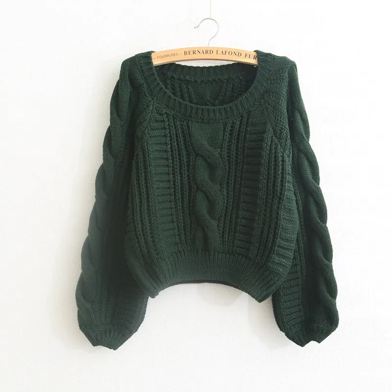 Cable Sleeve Coarse Yam Pure Color Pullover Sweater