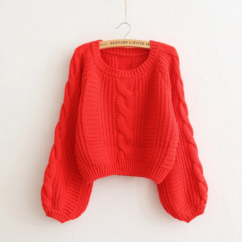 Cable Sleeve Coarse Yam Pure Color Pullover Sweater