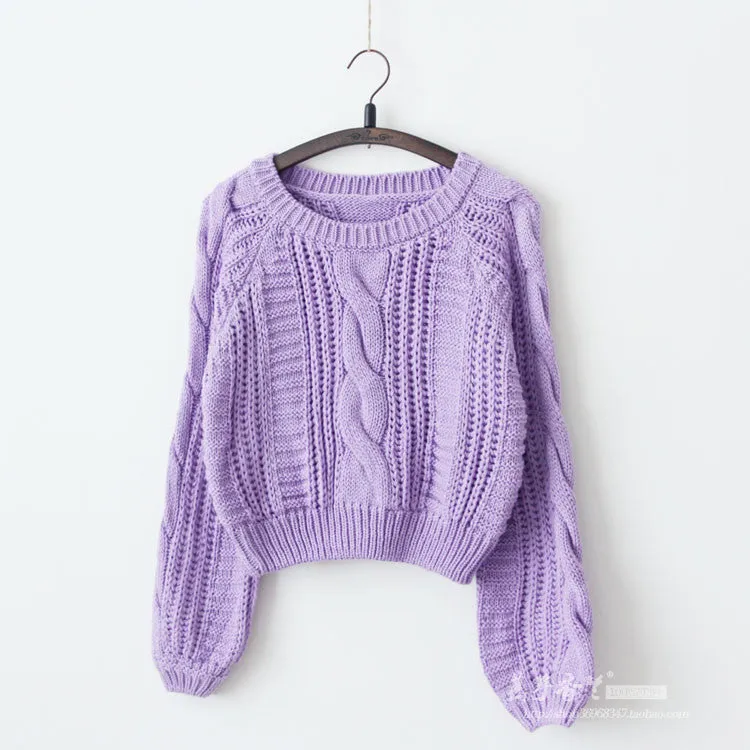 Cable Sleeve Coarse Yam Pure Color Pullover Sweater