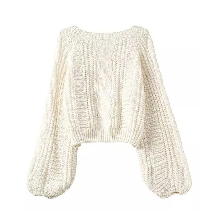 Cable Sleeve Coarse Yam Pure Color Pullover Sweater
