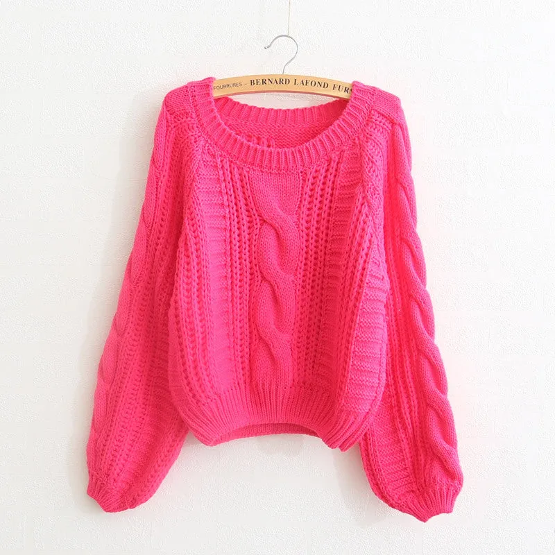Cable Sleeve Coarse Yam Pure Color Pullover Sweater