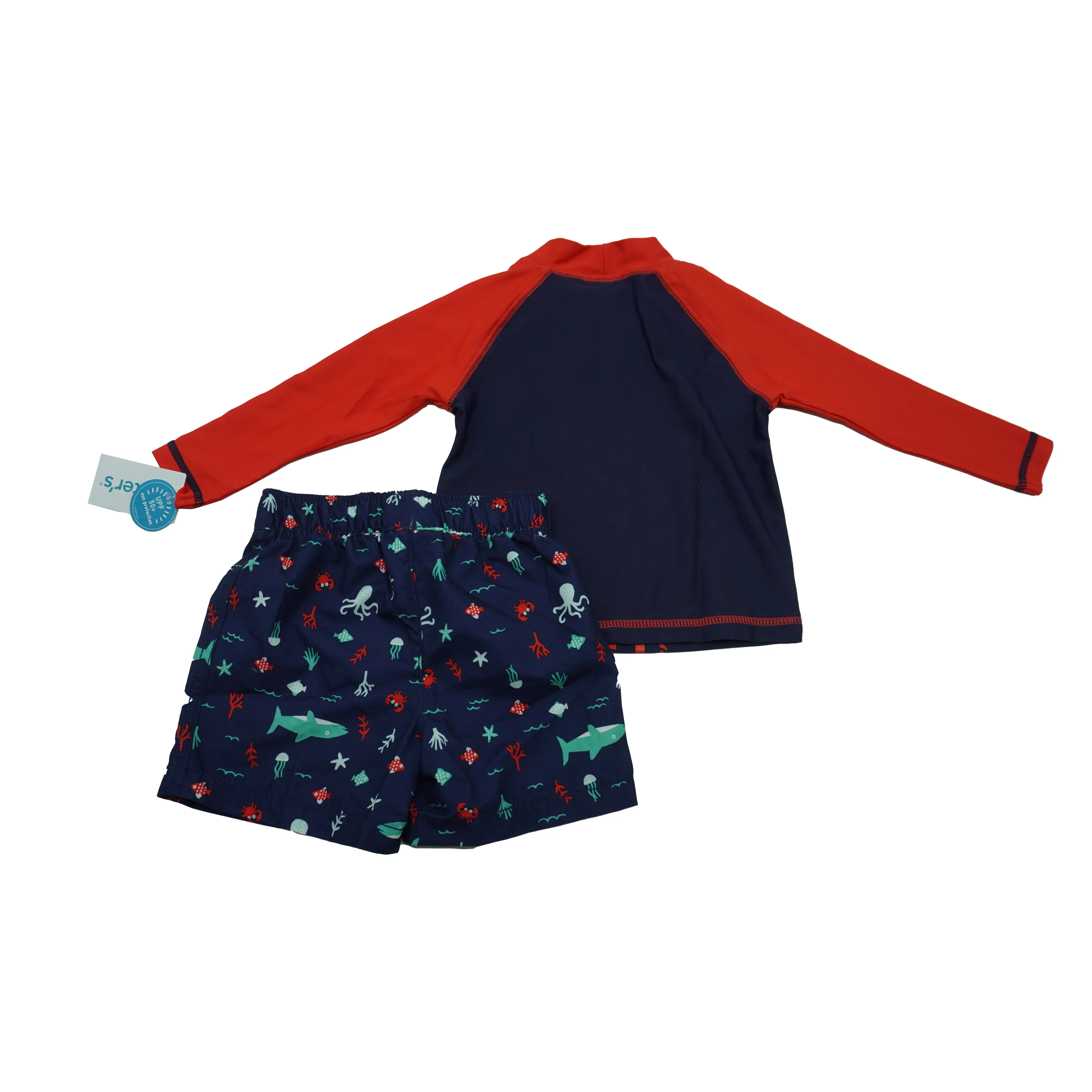 Carters Boy's Crab Rashguard Trunks Swim Set Navy Blue Red Size 12 Months