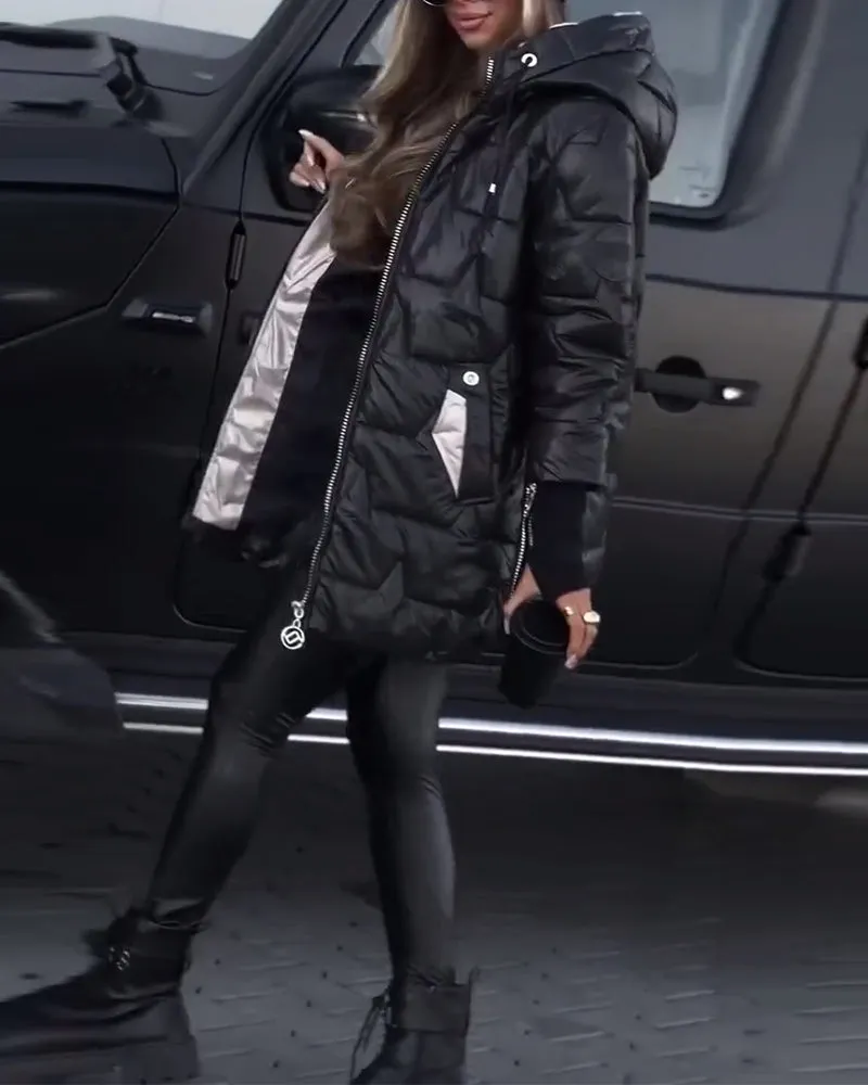 Casual colorblock drawstring zipper hooded padded jacket