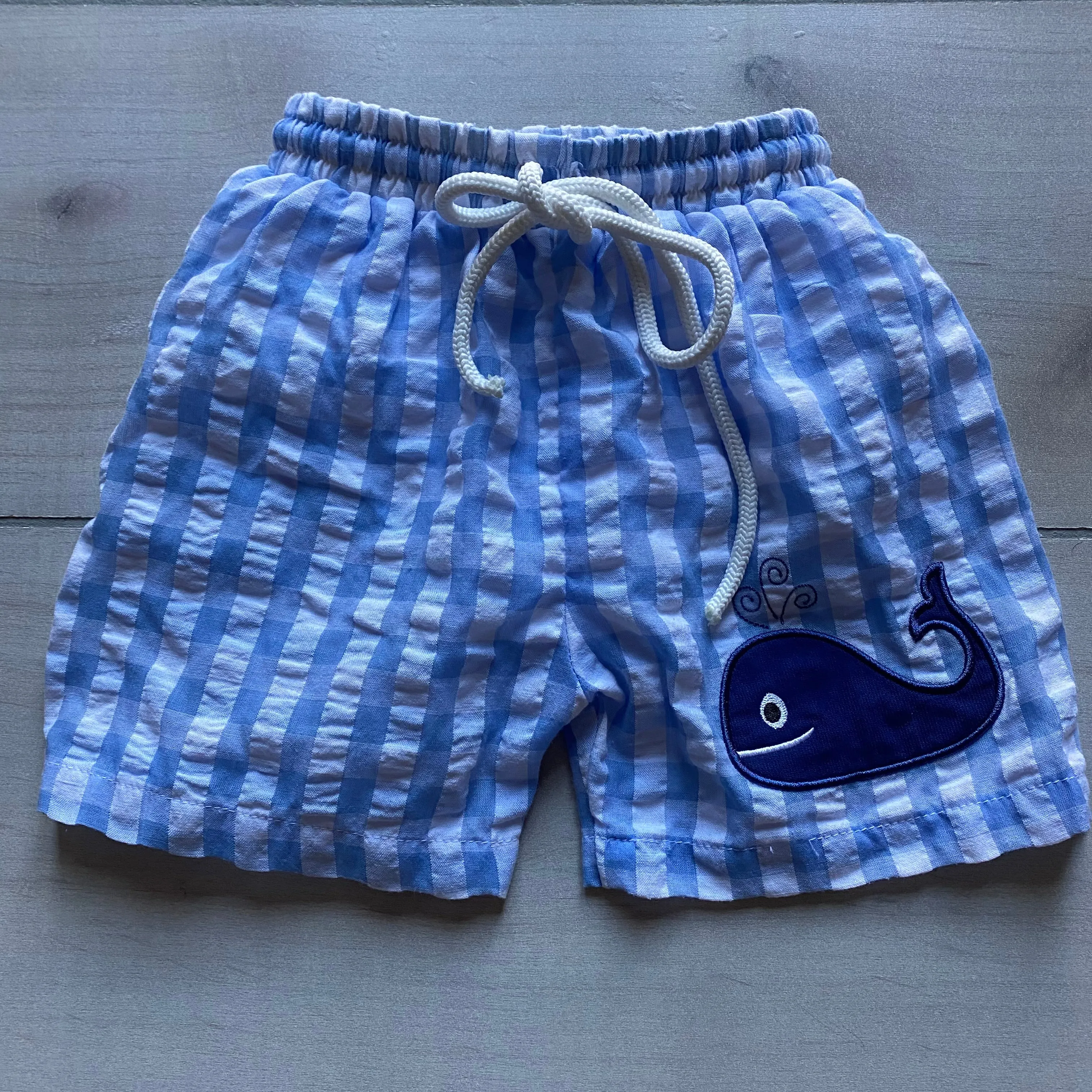 Cecil & Lou Gingham Whale Applique Swim Trunks