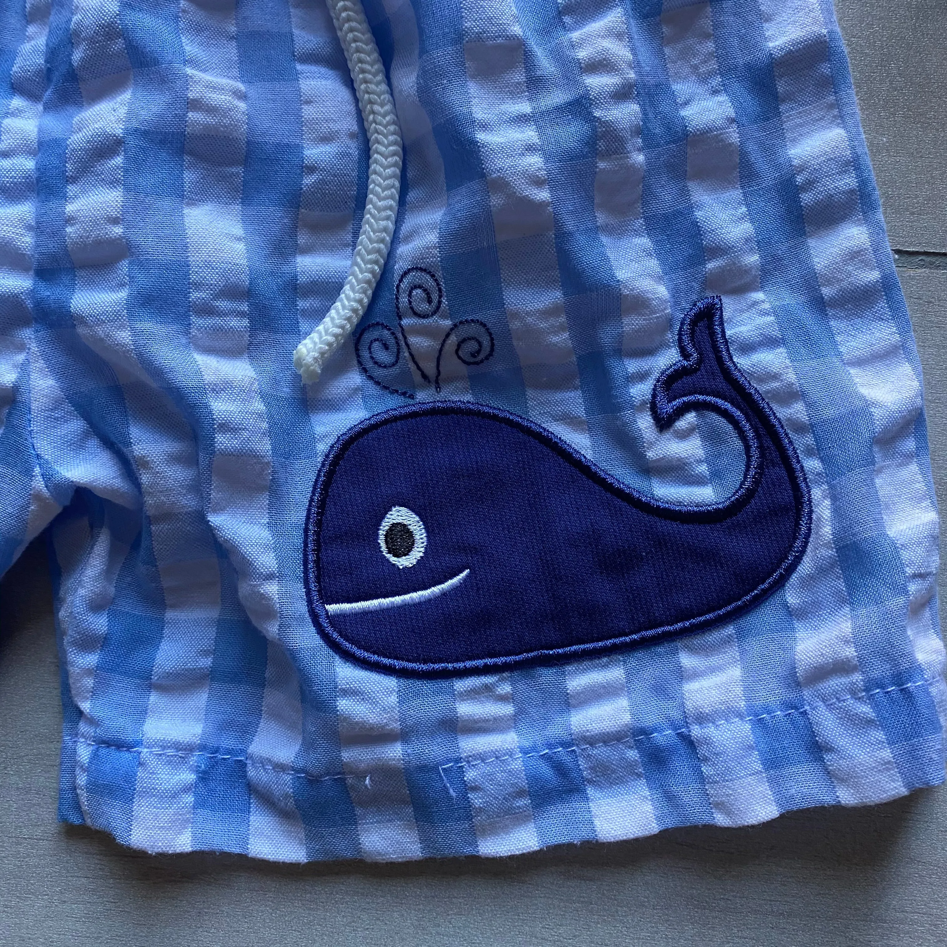 Cecil & Lou Gingham Whale Applique Swim Trunks