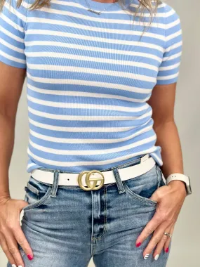 CG Faux Leather Belt, White w/Gold Buckle