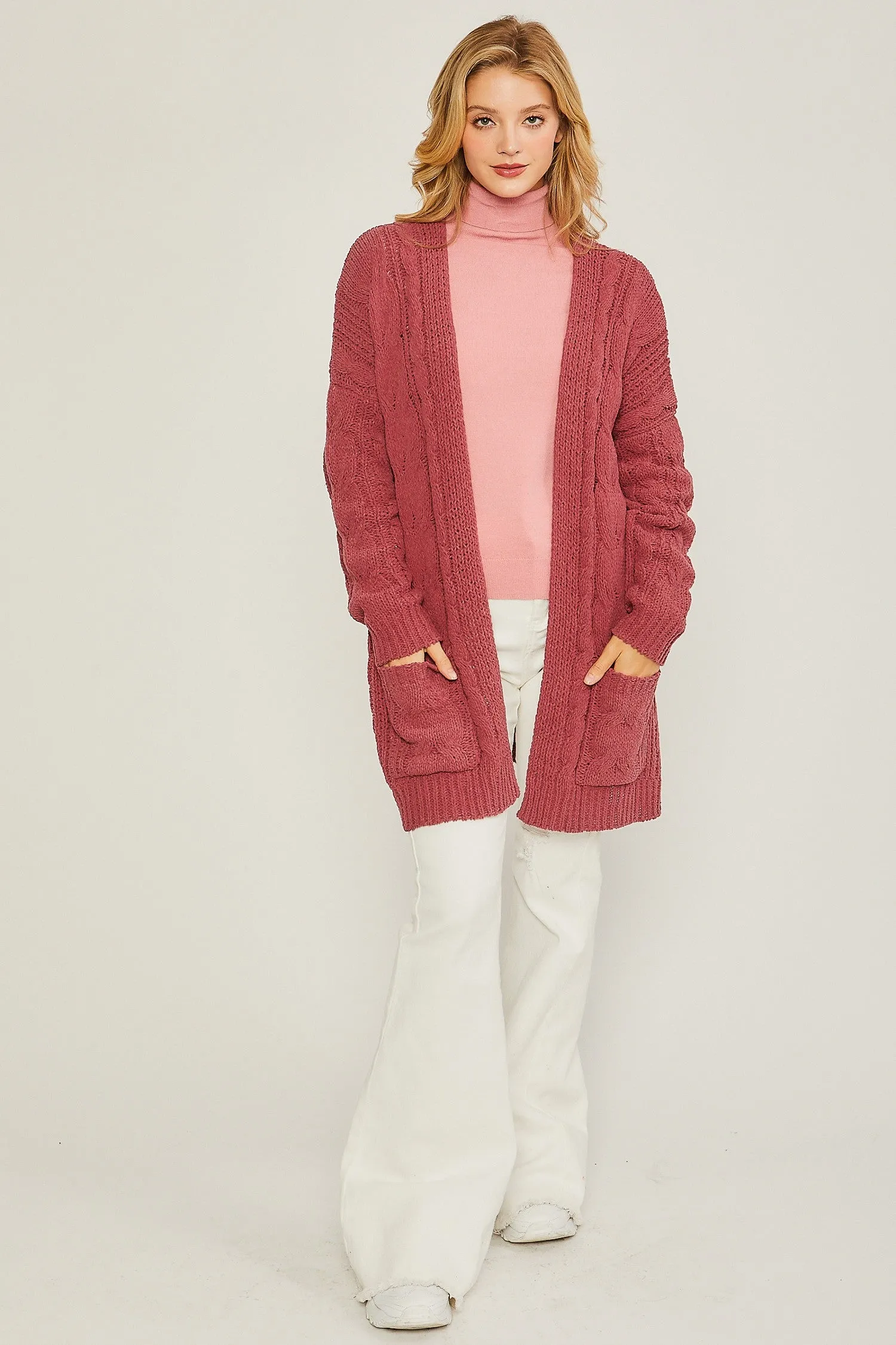 Chenille Cable Knit Oversized Open Front Cardigan