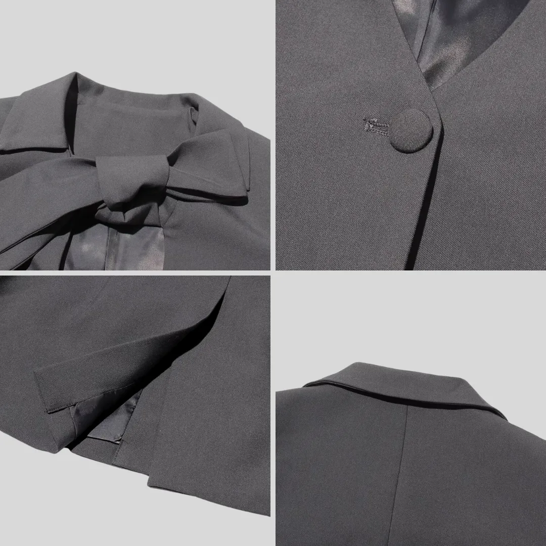 Chic Blazer with Bow Detail on Collar - Gray