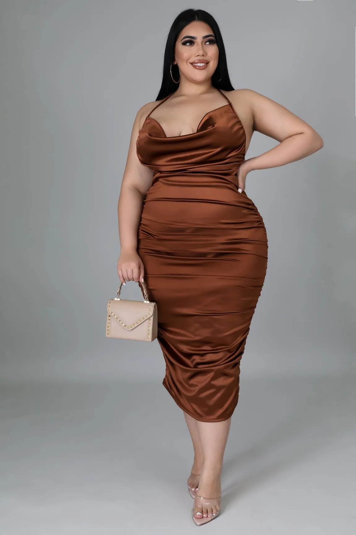 Cognac Ruched Midi Dress