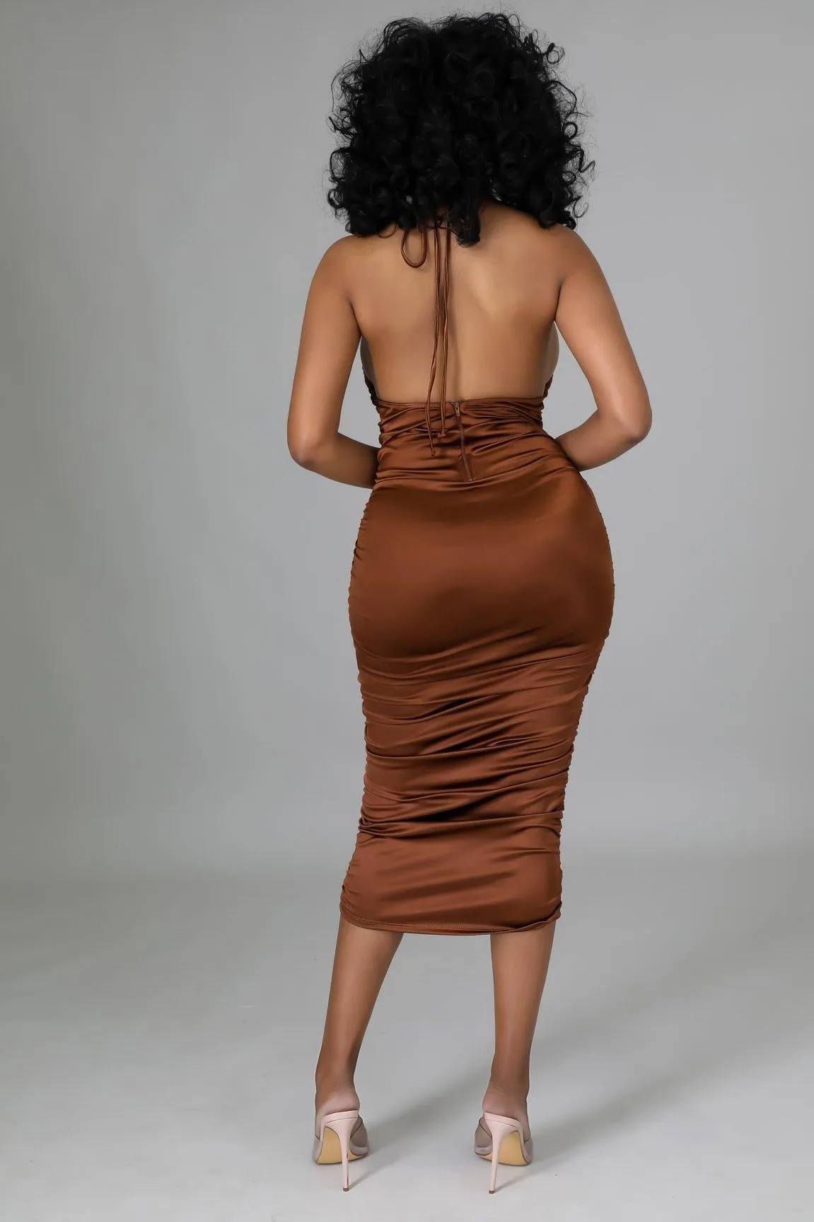 Cognac Ruched Midi Dress