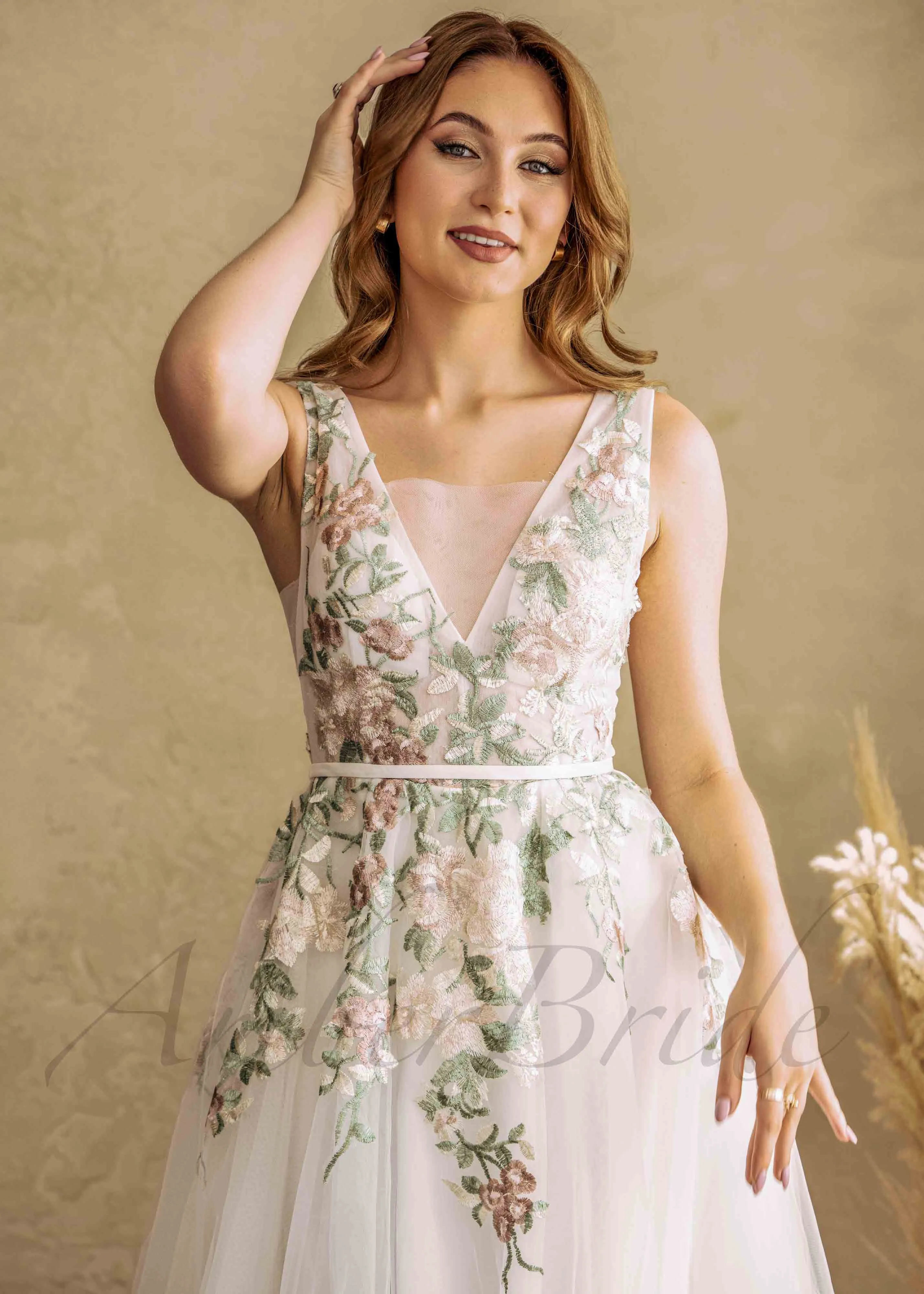 Colorful A Line Wedding Dress with Flowers and V Neckline