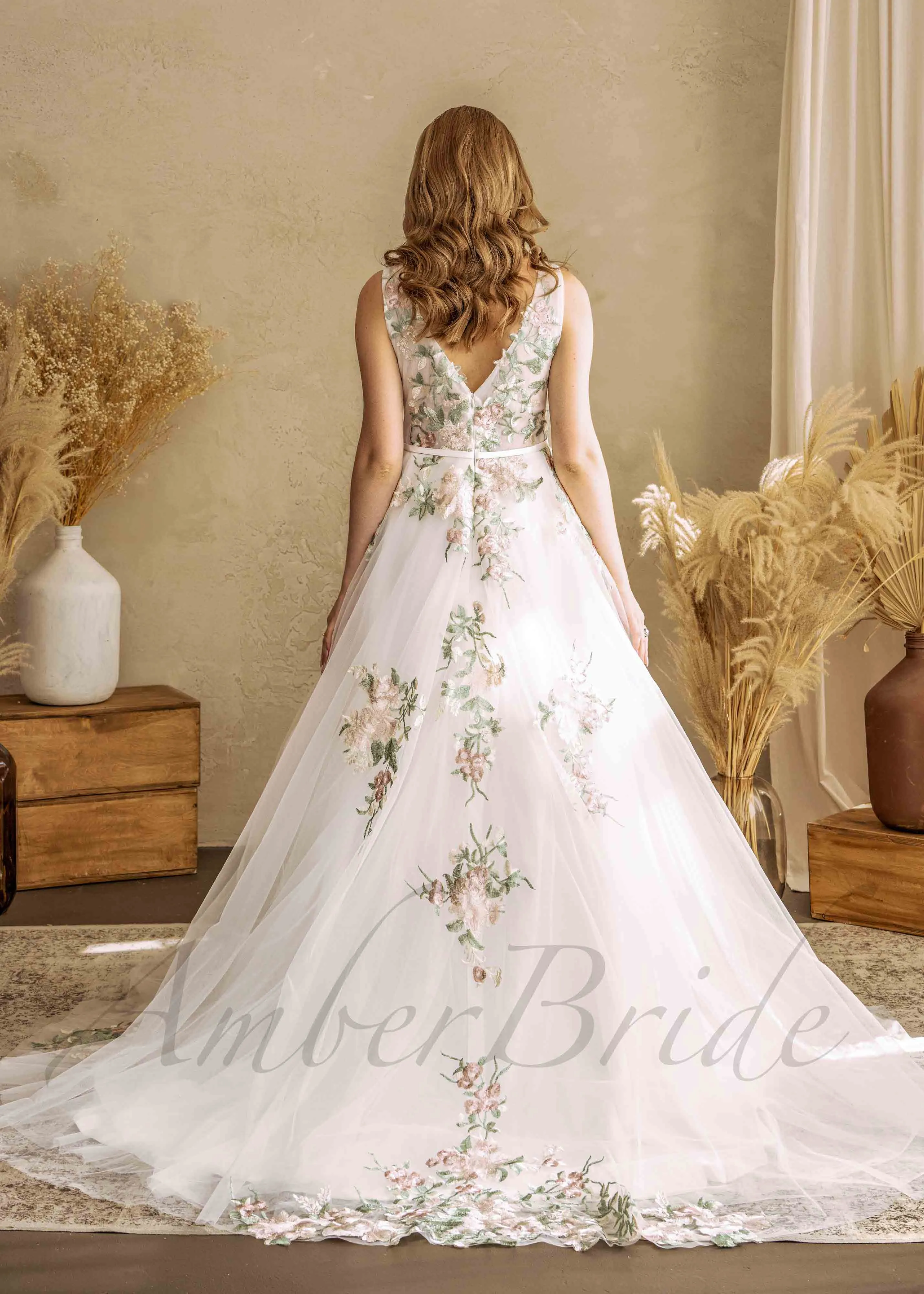 Colorful A Line Wedding Dress with Flowers and V Neckline