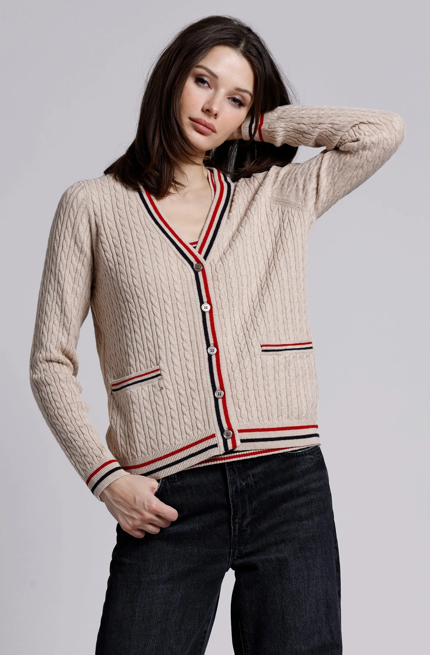 Cotton Cash Baby Cable Cardi with Tipping