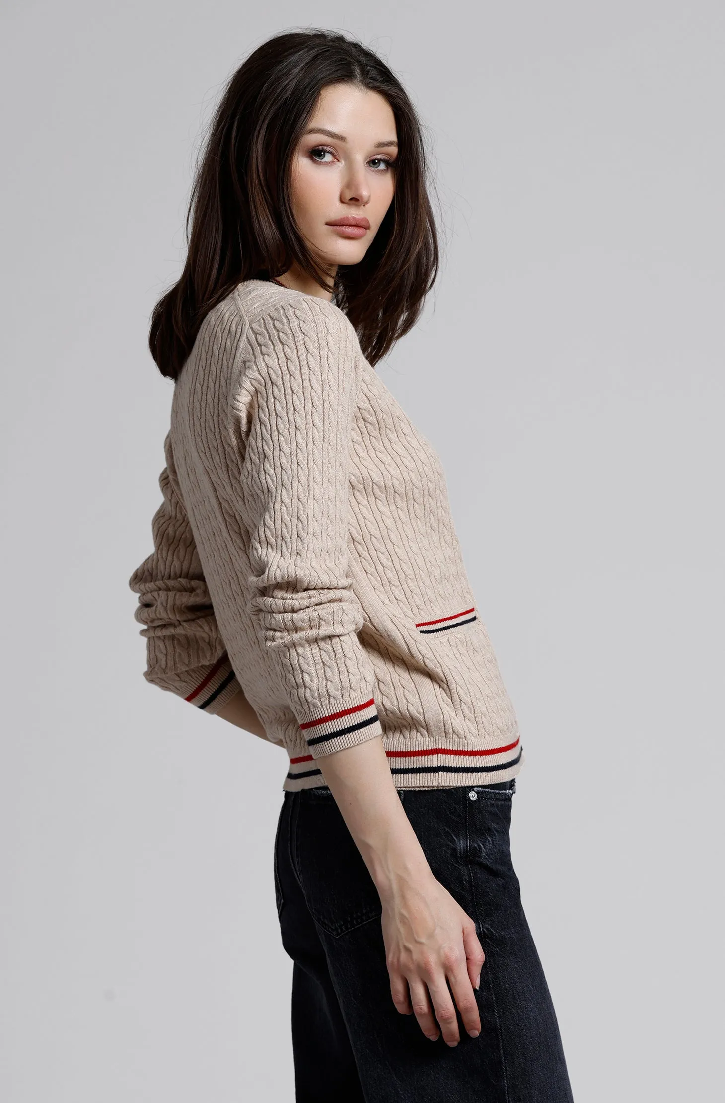 Cotton Cash Baby Cable Cardi with Tipping