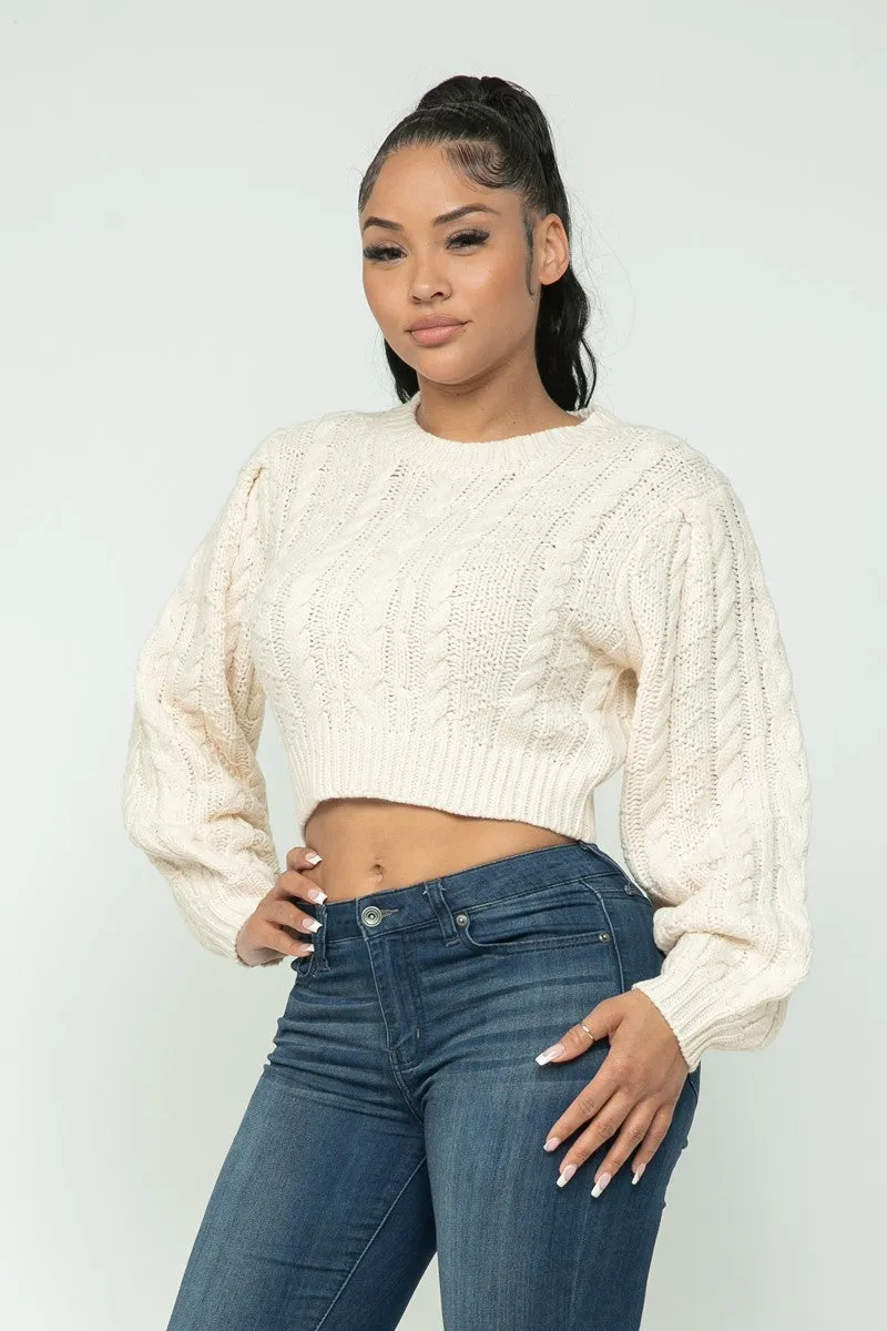Cream Crew Neck Cable Knit Cropped Sweater