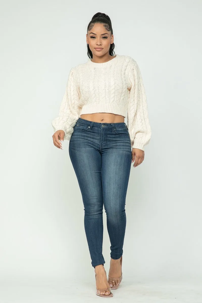 Cream Crew Neck Cable Knit Cropped Sweater
