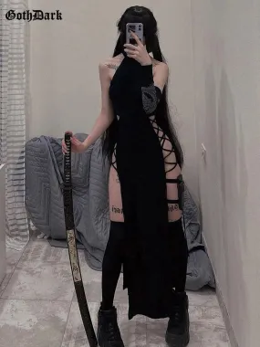 Dark Cosplay Gothic Lace-Up Halter Dress High Side Splits